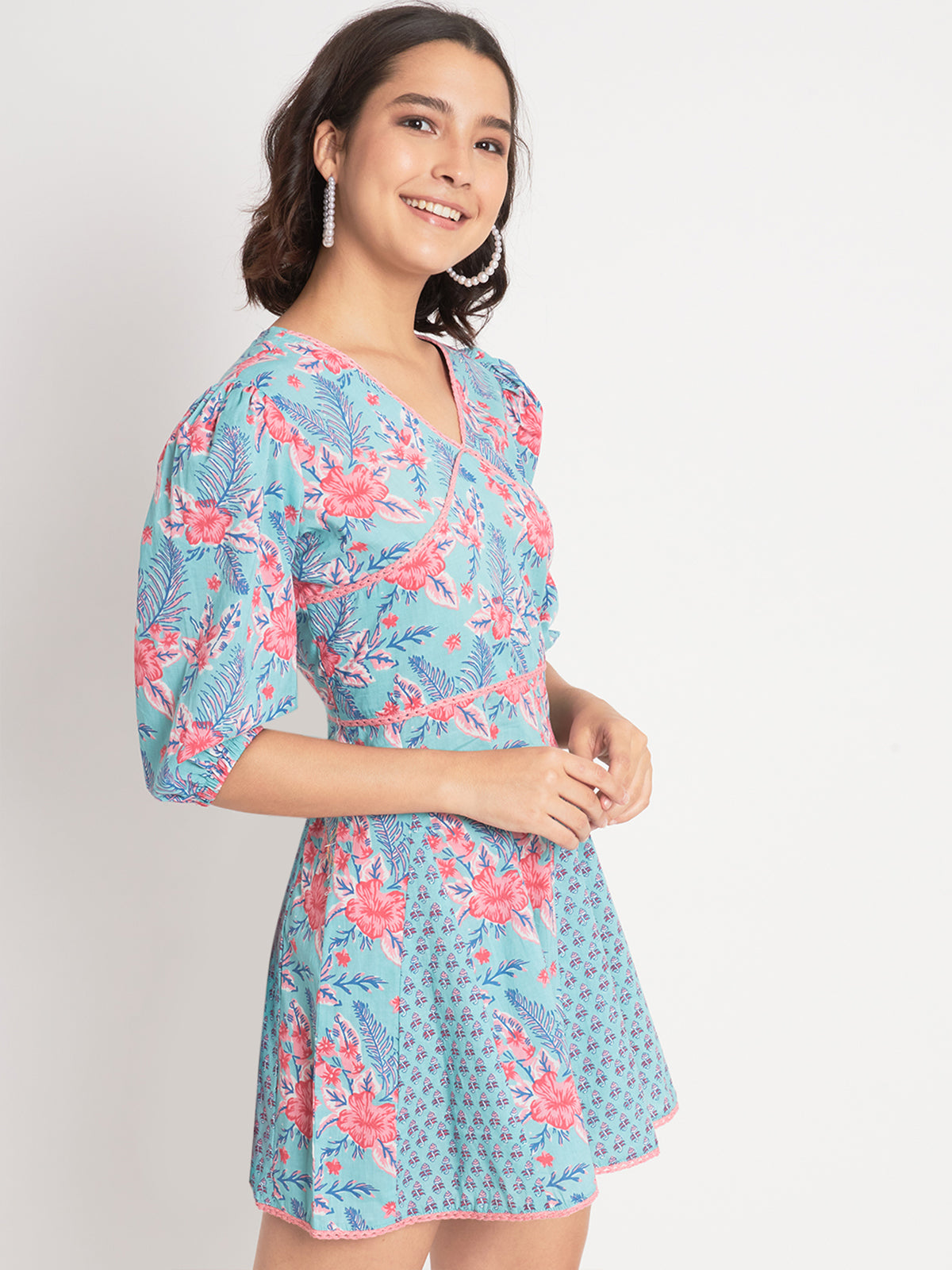 Blue Cotton Floral Prtinted Stitched Indo western Dress