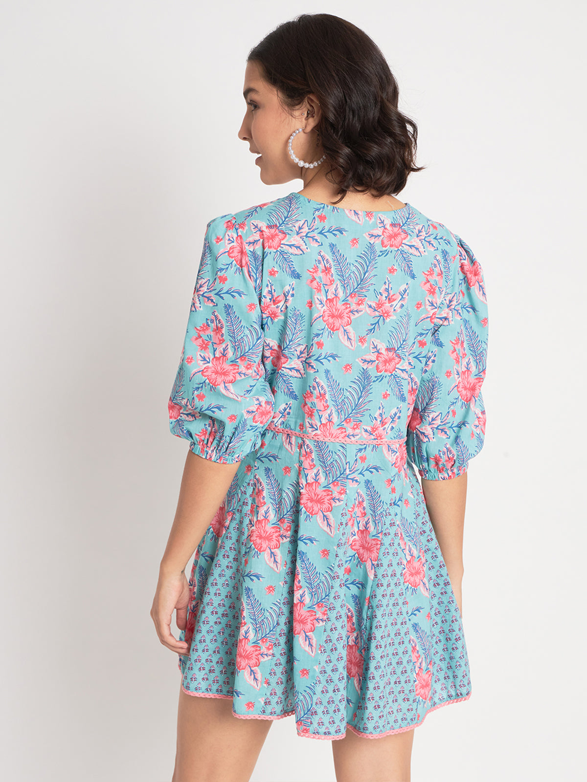 Blue Cotton Floral Prtinted Stitched Indo western Dress