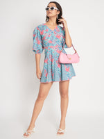 Blue Cotton Floral Prtinted Stitched Indo western Dress