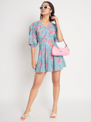 Blue Cotton Floral Prtinted Stitched Indo western Dress