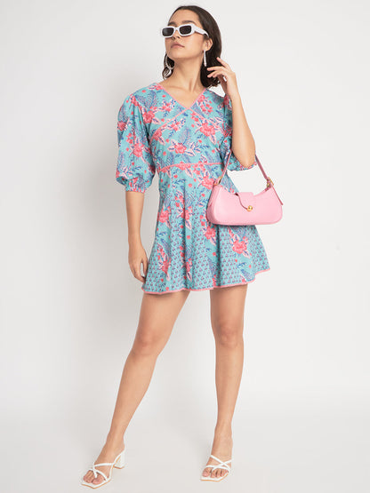 Blue Cotton Floral Prtinted Stitched Indo western Dress