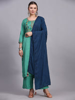 Green Viscose Embroidered Stitched Kurta Set