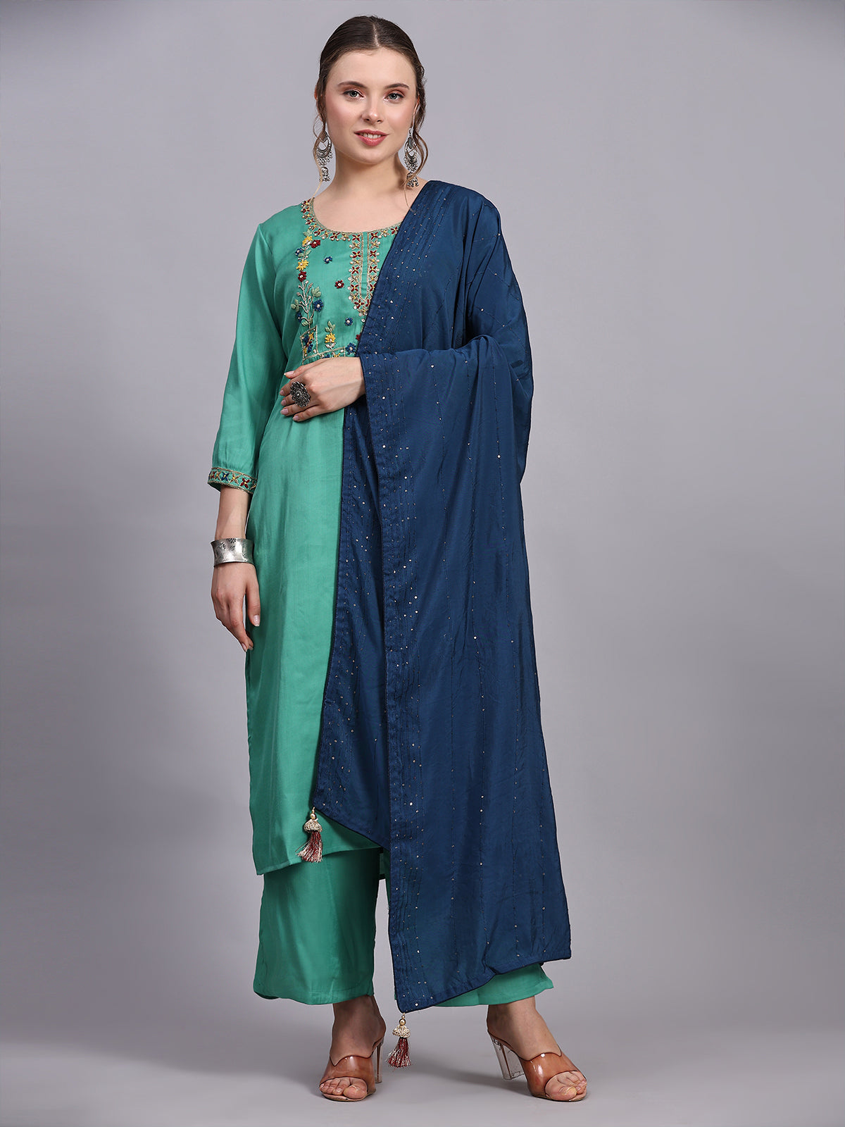 Green Viscose Embroidered Stitched Kurta Set