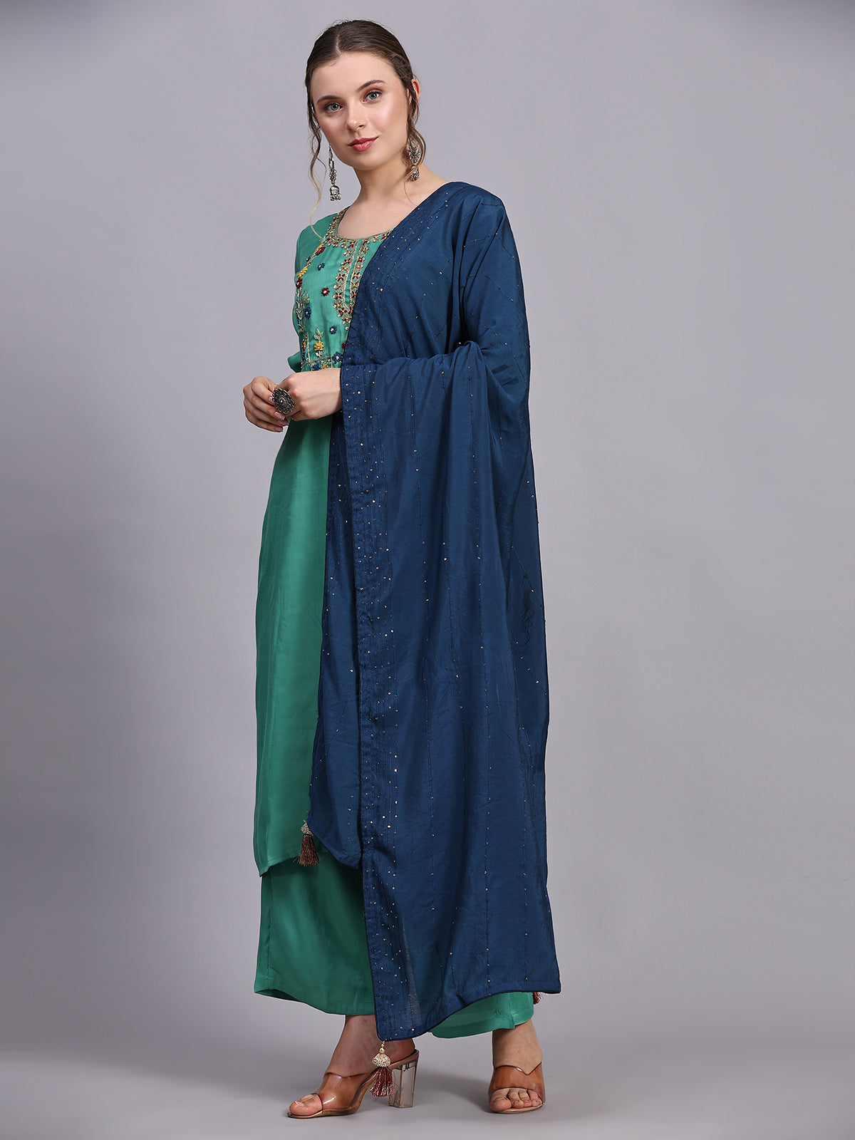 Green Viscose Embroidered Stitched Kurta Set