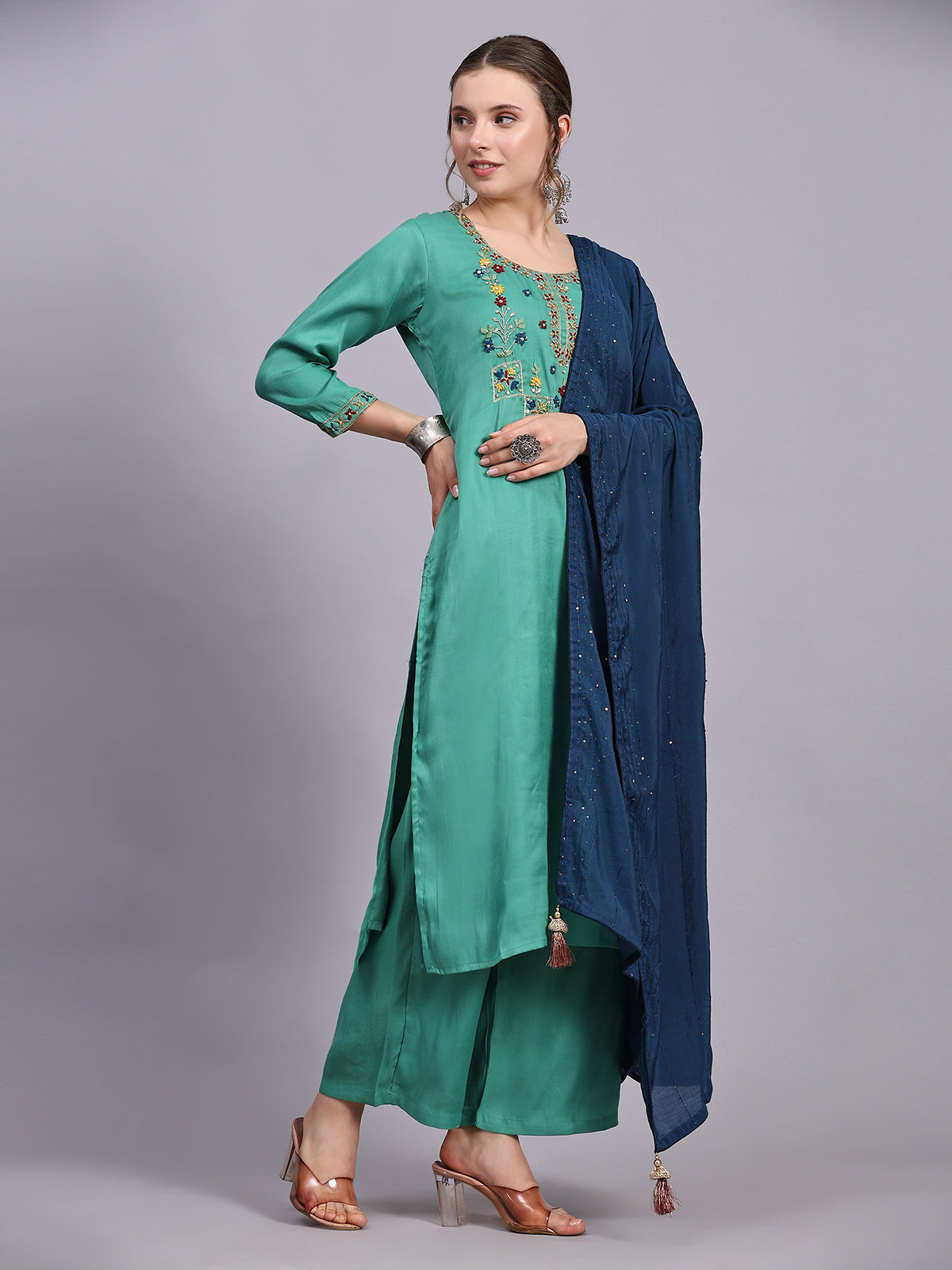Green Viscose Embroidered Stitched Kurta Set