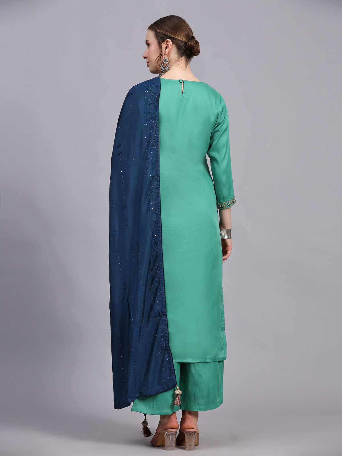 Green Viscose Embroidered Stitched Kurta Set