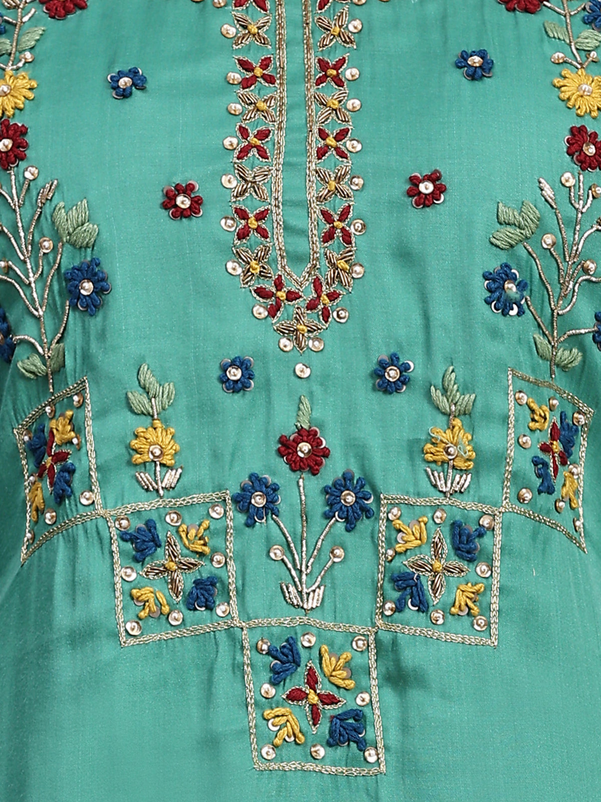 Green Viscose Embroidered Stitched Kurta Set