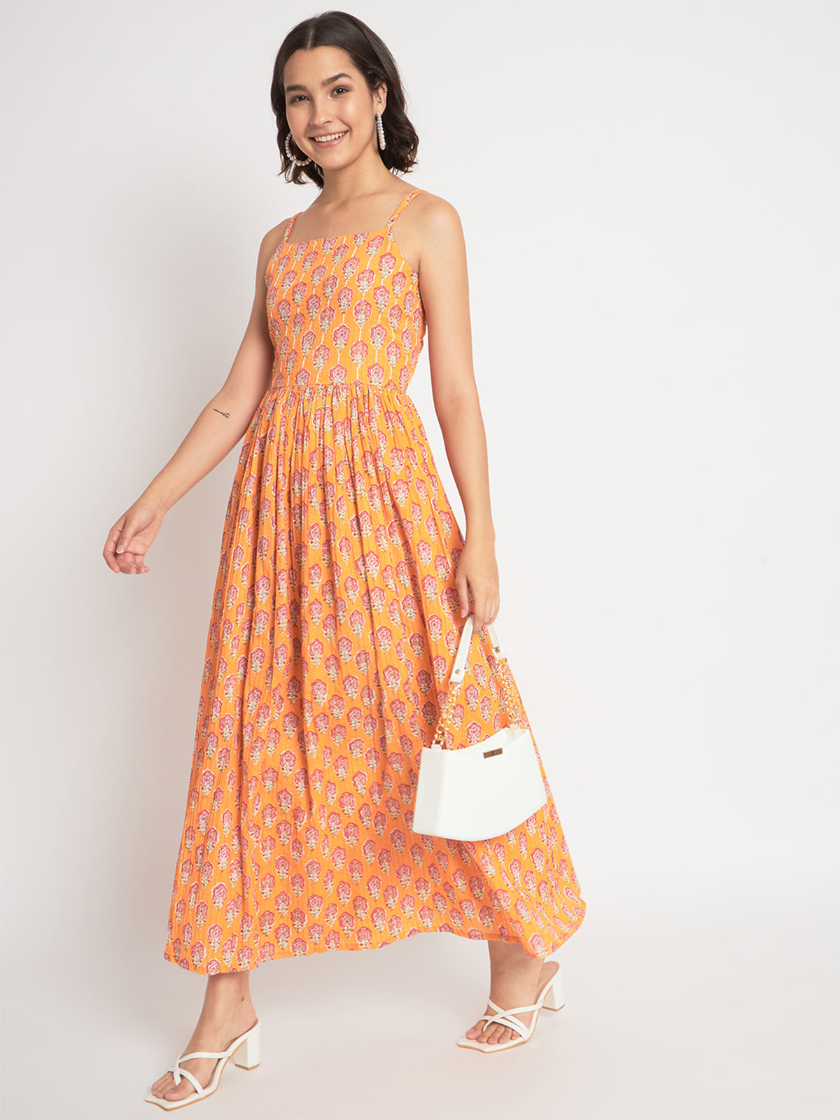 Orange Cotton Embroidered Stitched  Indo western Dress