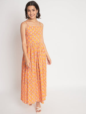 Orange Cotton Embroidered Stitched  Indo western Dress