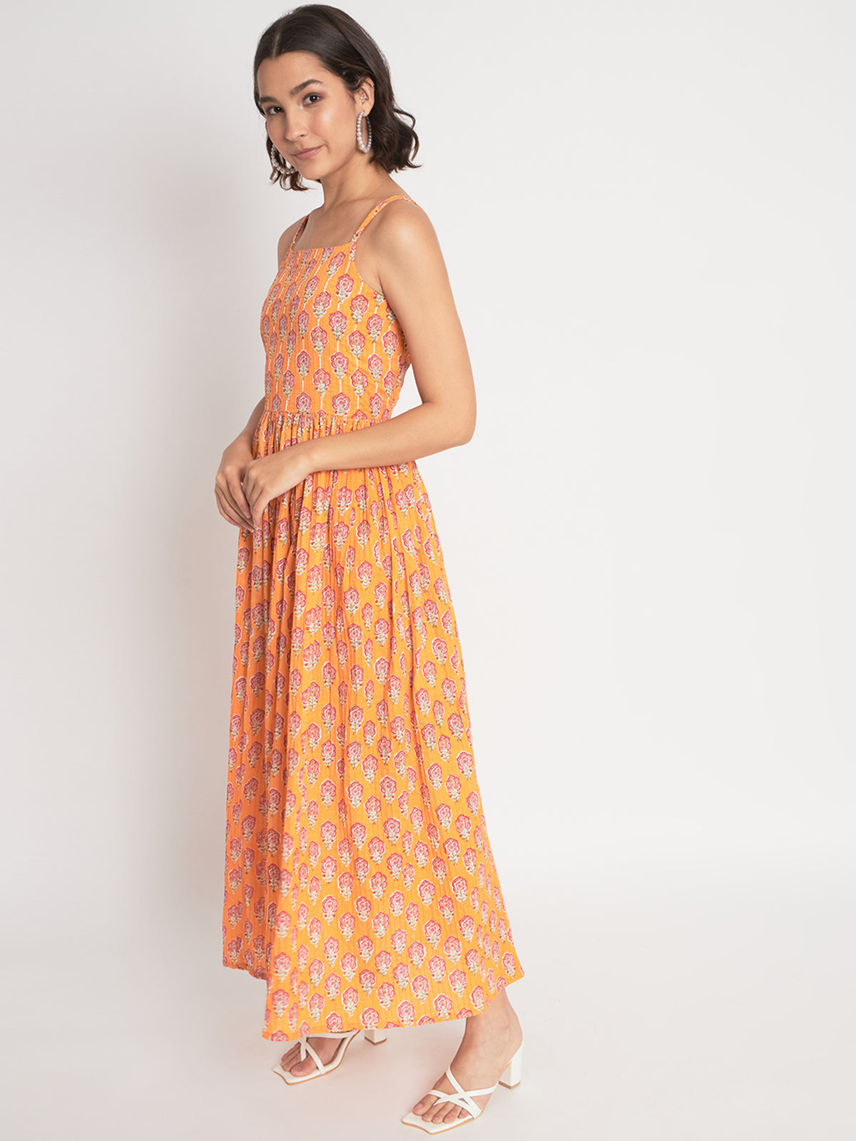 Orange Cotton Embroidered Stitched  Indo western Dress