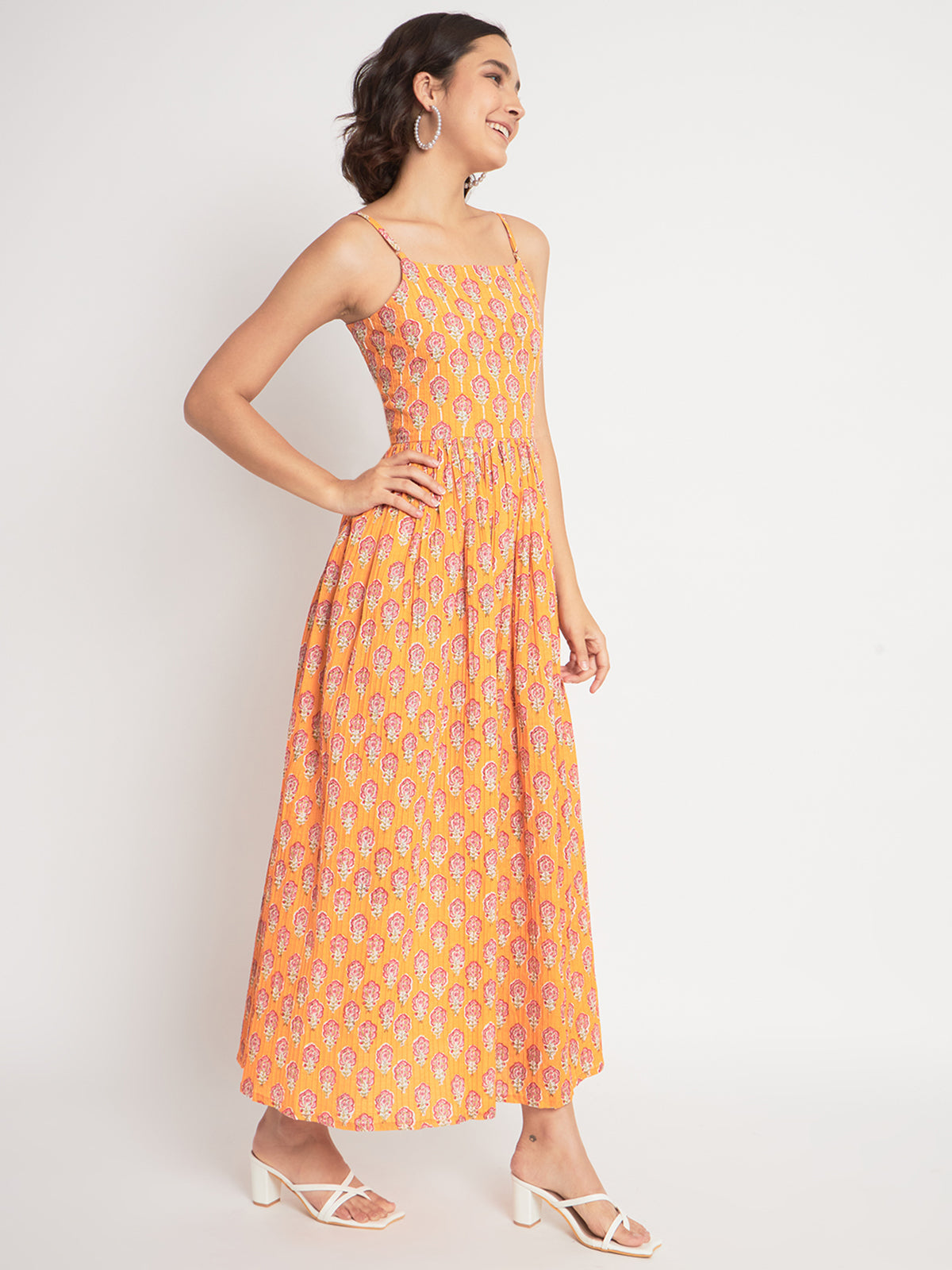 Orange Cotton Embroidered Stitched  Indo western Dress