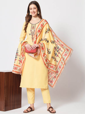 Rajwada - Light Yellow Cotton Printed Stitched Kurta Set