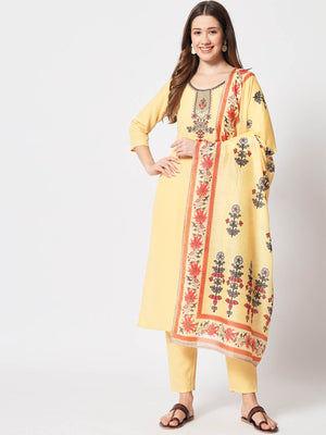 Rajwada - Light Yellow Cotton Printed Stitched Kurta Set