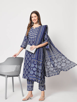 Rajwada - Blue Cotton Printed Stitched Kurta Set