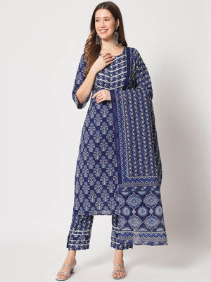 Rajwada - Blue Cotton Printed Stitched Kurta Set