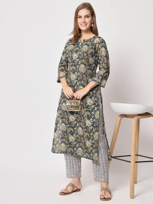 Rajwada - Dark Blue Cotton Printed Stitched Kurta Set
