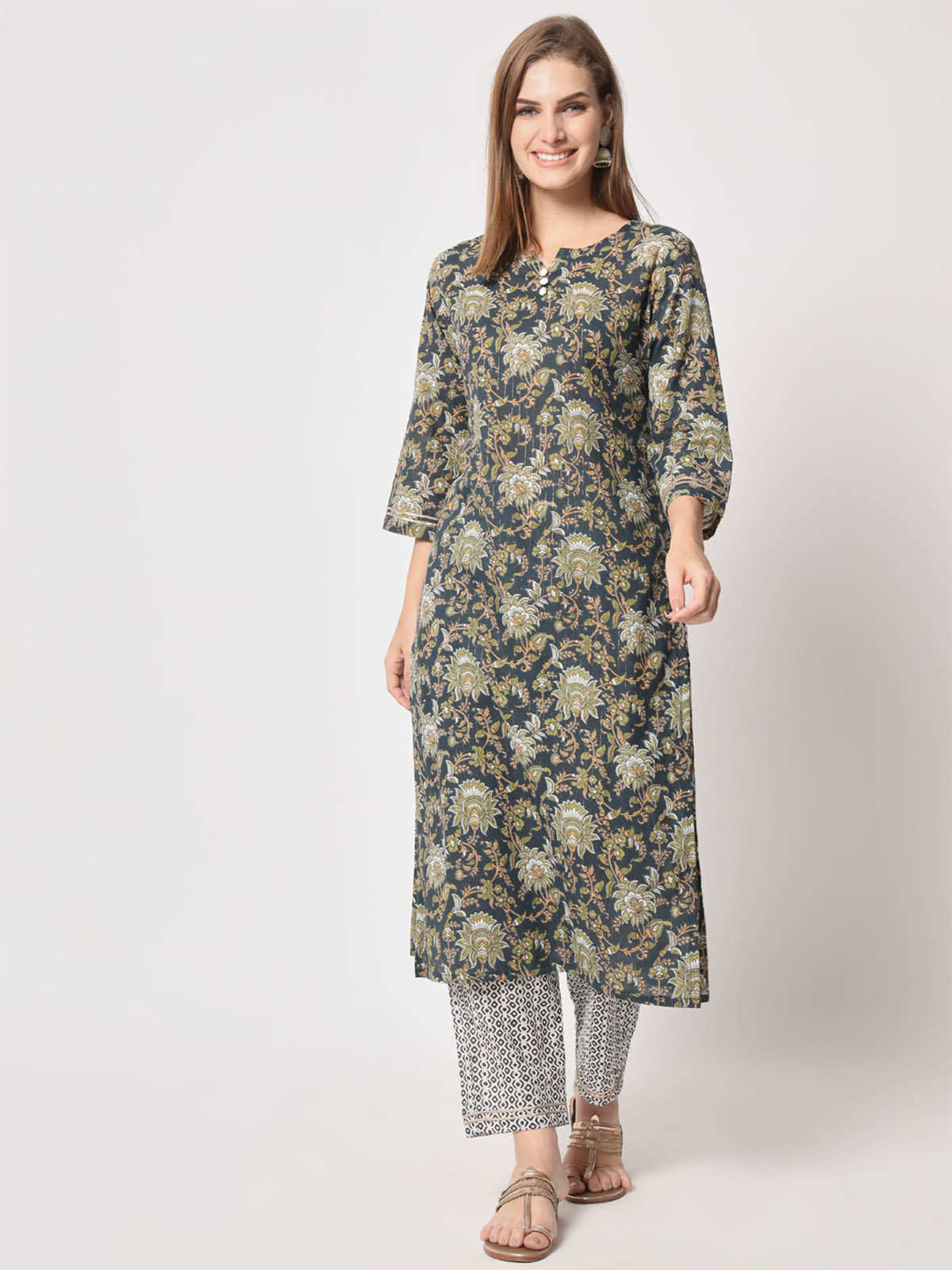 Rajwada - Dark Blue Cotton Printed Stitched Kurta Set