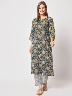 Rajwada - Dark Blue Cotton Printed Stitched Kurta Set