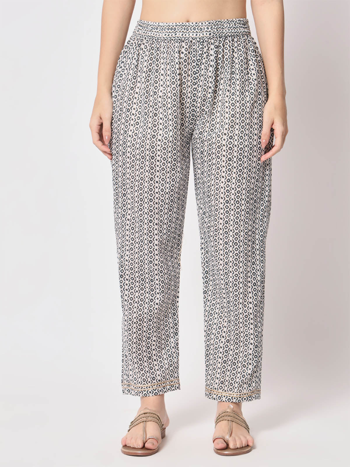 Rajwada - Black and White Cotton Printed Stitched Pant