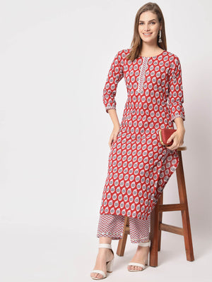 Rajwada - Bold Red Cotton Printed Stitched Kurta Set