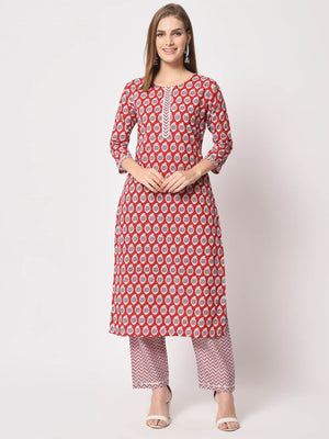Rajwada - Bold Red Cotton Printed Stitched Kurta Set