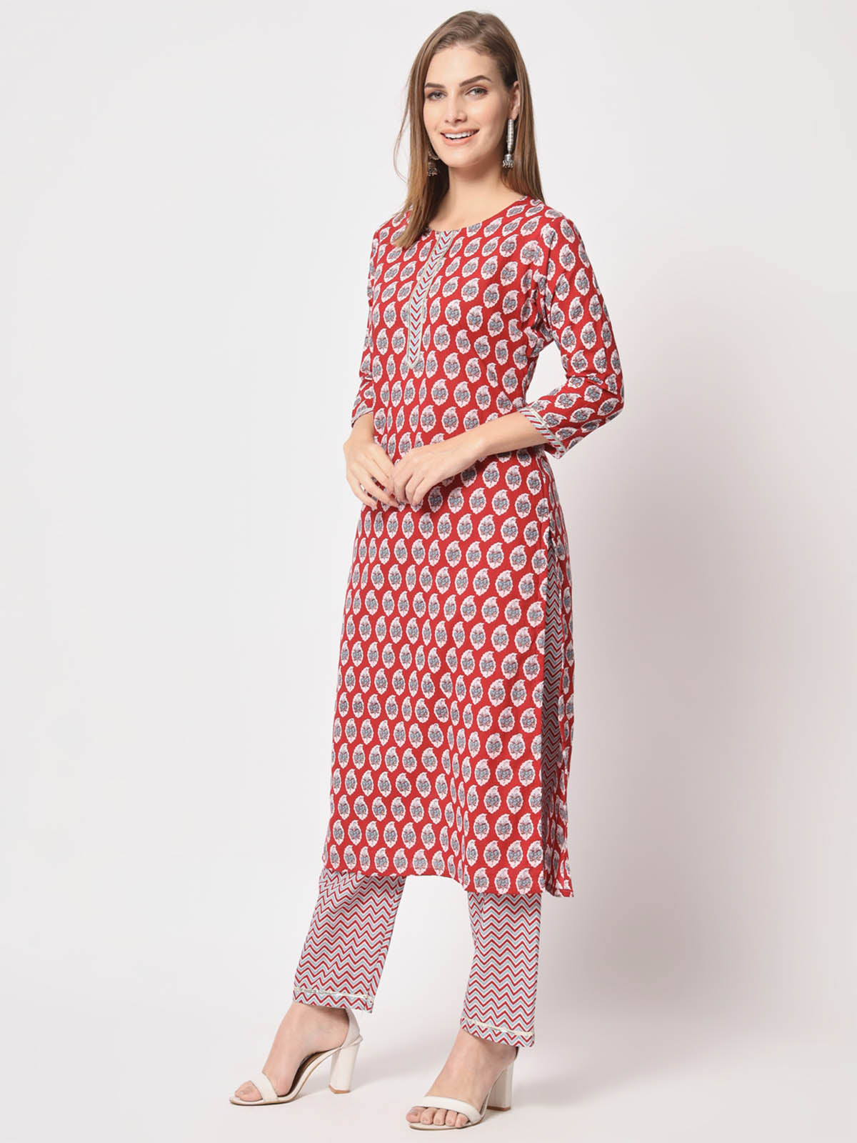 Rajwada - Bold Red Cotton Printed Stitched Kurta Set