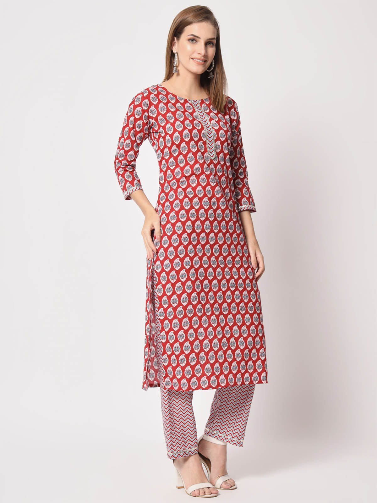 Rajwada - Bold Red Cotton Printed Stitched Kurta Set