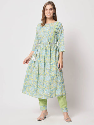 Rajwada - Light Green Cotton Printed Stitched Kurta Set