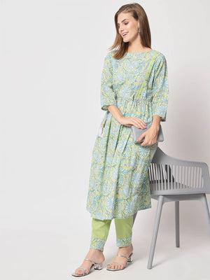 Rajwada - Light Green Cotton Printed Stitched Kurta Set