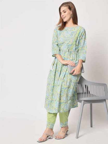 Rajwada - Light Green Cotton Printed Stitched Kurta Set