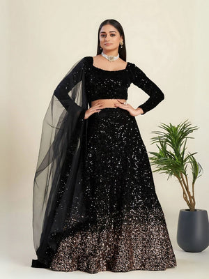 Rajwada Black Velvet Embellished Semi-Stitched Lehenga For Women