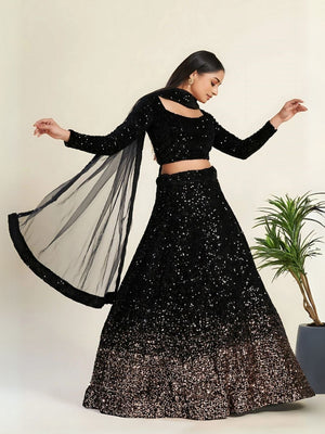 Rajwada Black Velvet Embellished Semi-Stitched Lehenga For Women