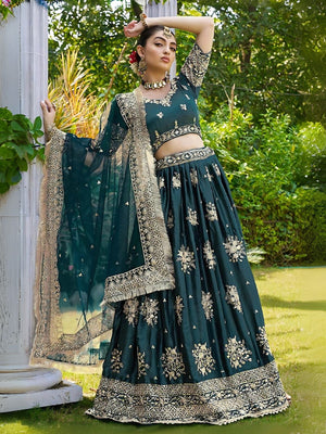 Rajwada Green Satin Embroidered Semi-Stitched Lehenga For Women