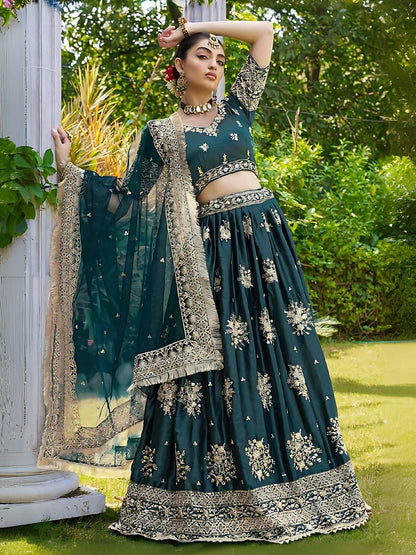 Rajwada Green Satin Embroidered Semi-Stitched Lehenga For Women