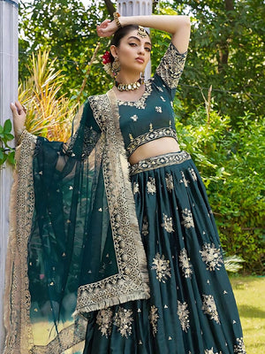 Rajwada Green Satin Embroidered Semi-Stitched Lehenga For Women