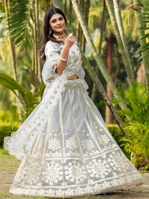 Rajwada Grey Net Embroidered Semi-Stitched Lehenga For Women
