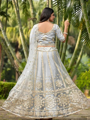 Rajwada Grey Net Embroidered Semi-Stitched Lehenga For Women