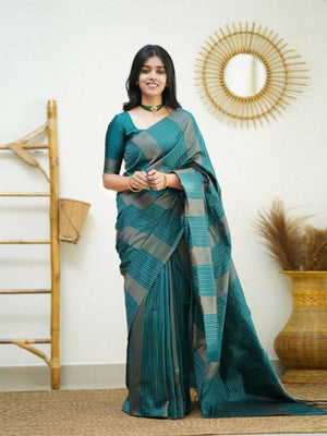 Rajwada Teal Banarasi Silk Woven Saree With Unstitched Blouse For Women