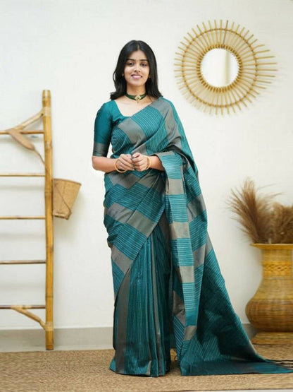 Rajwada Teal Banarasi Silk Woven Saree With Unstitched Blouse For Women