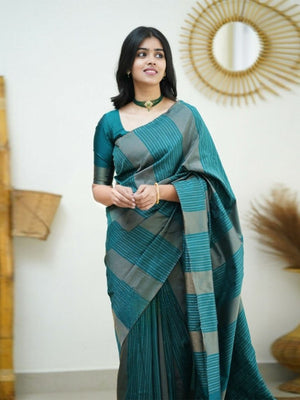 Rajwada Teal Banarasi Silk Woven Saree With Unstitched Blouse For Women