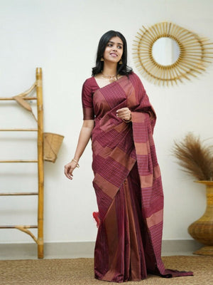 Rajwada Maroon Banarasi Silk Woven Saree With Unstitched Blouse For Women