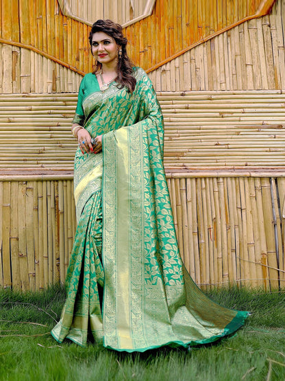 Rajwada Green Banarasi Silk Woven Saree With Unstitched Blouse For Women