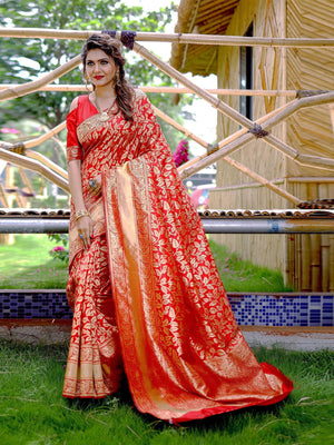 Rajwada Orange Banarasi Silk Woven Saree With Unstitched Blouse For Women