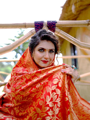 Rajwada Orange Banarasi Silk Woven Saree With Unstitched Blouse For Women