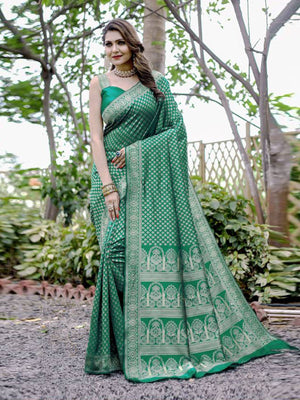 Rajwada Green Banarasi Silk Woven Saree With Unstitched Blouse For Women