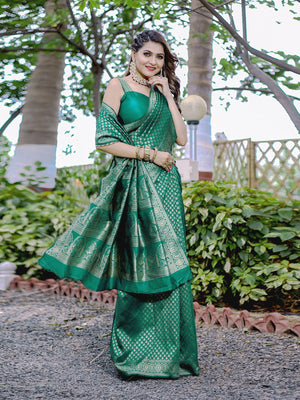 Rajwada Green Banarasi Silk Woven Saree With Unstitched Blouse For Women