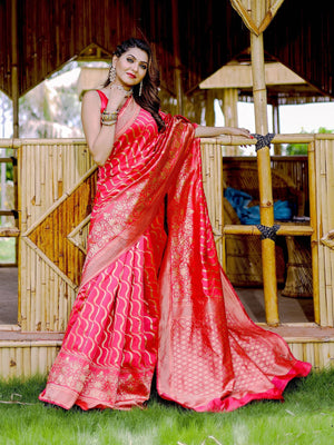 Rajwada Red Banarasi Silk Woven Saree With Unstitched Blouse For Women