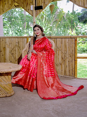 Rajwada Red Banarasi Silk Woven Saree With Unstitched Blouse For Women
