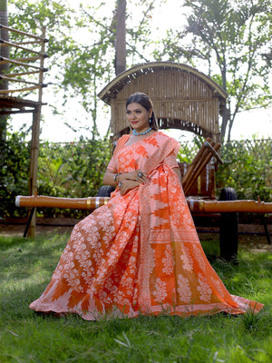 Rajwada Orange Cotton Blend Woven Saree With Unstitched Blouse For Women