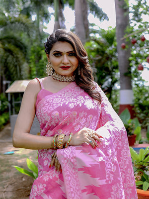 Rajwada Pink Cotton Blend Woven Saree With Unstitched Blouse For Women